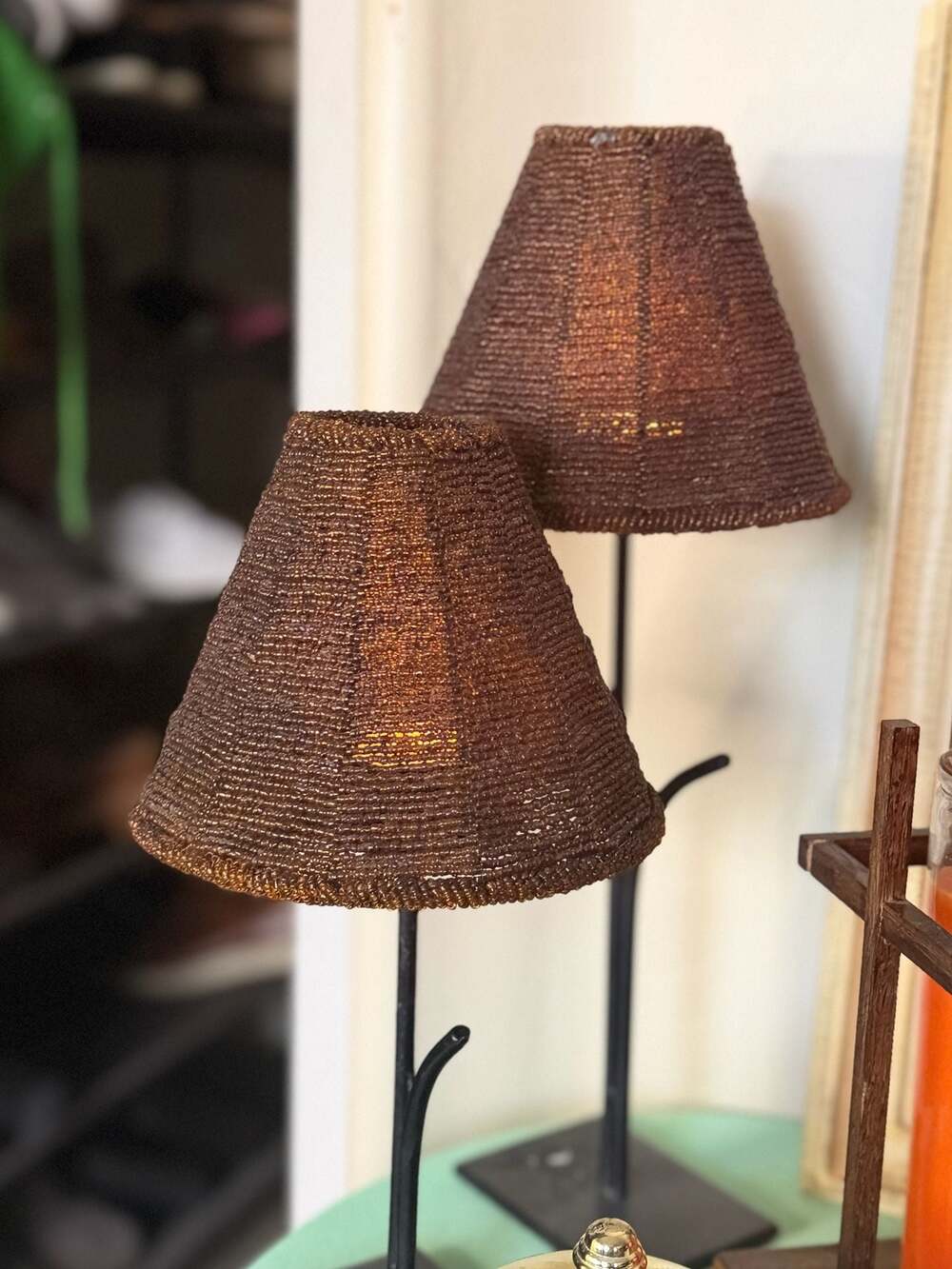 Set of 2 Tea Light lamps & Amber Glass Beaded Shades - ,